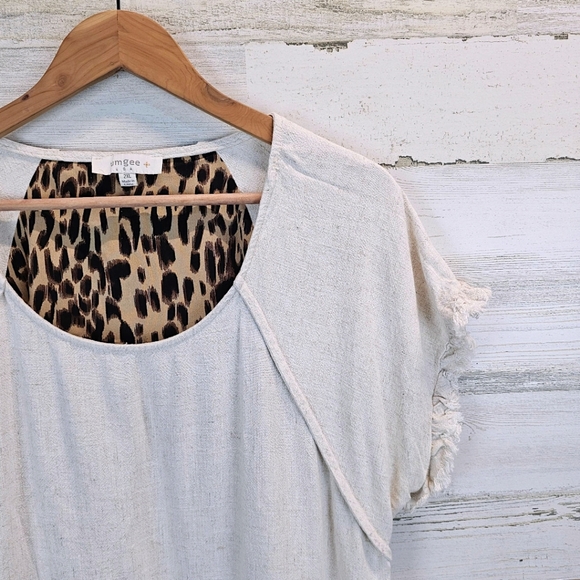 Umgee Womens Boho Linen Cotton Fringe Leopard Print Top 2X Oatmeal Neutral Chic - Picture 7 of 12